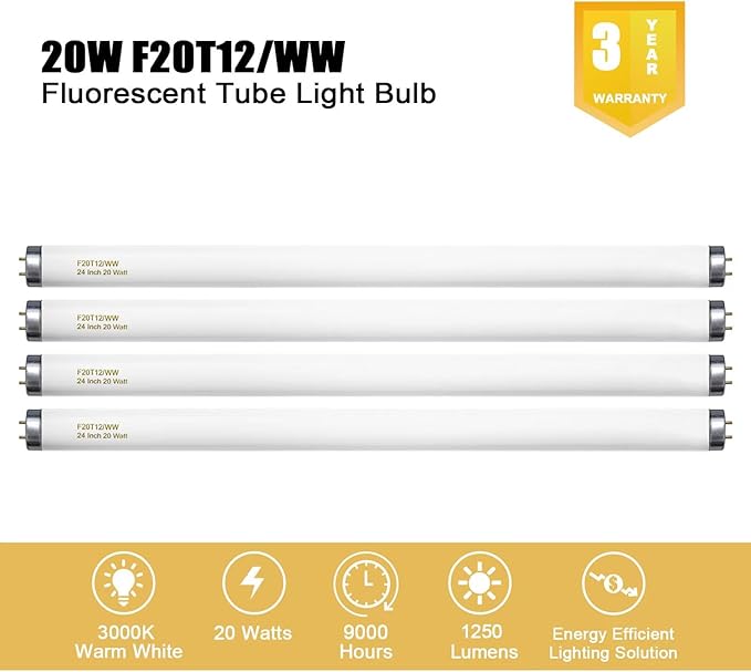 F20T12/WW 20 Watt Soft Warm White, T12 Fluorescent Tube Light Bulb 20W 24 Inch, 2Ft F20T12/DSW/RP Replacement for F20T12 F20T12KB/ECO/RVL F20T12KB/ECO F20T12/SPX30 1250Lm G13 4 Count
