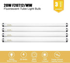 F20T12/WW 20 Watt Soft Warm White, T12 Fluorescent Tube Light Bulb 20W 24 Inch, 2Ft F20T12/DSW/RP Replacement for F20T12 F20T12KB/ECO/RVL F20T12KB/ECO F20T12/SPX30 1250Lm G13 4 Count