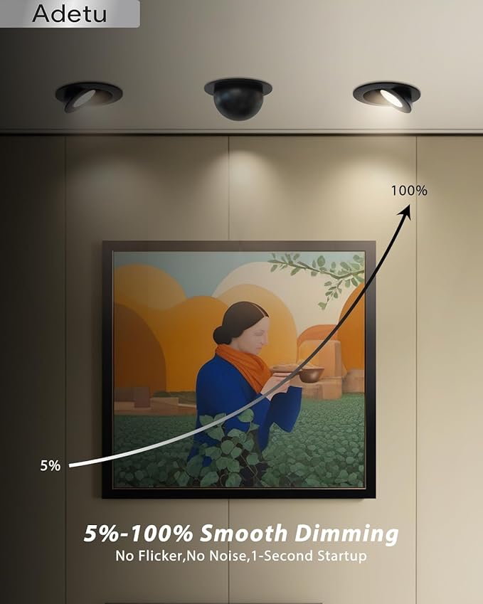 Adetu Recessed Lighting 6 inch, 360°+90° Adjustable Directional 6 inch 5CCT Gimbal Black Led Recessed Lighting, 2700K-5000K Dimmable Retrofit Eyeball Can Recessed Lights with Jbox, ET，Black (6 Pack