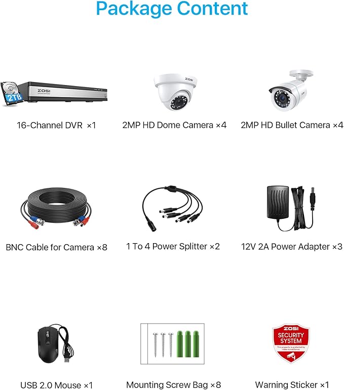 ZOSI Full 1080p 16 Channel Home Security Camera System with AI Human Vehicle Detect, 8 x 1080p Weatherproof CCTV Bullet Dome Camera Outdoor, H.265+ 16CH DVR with 2TB HDD, Night Vision, Alert Push