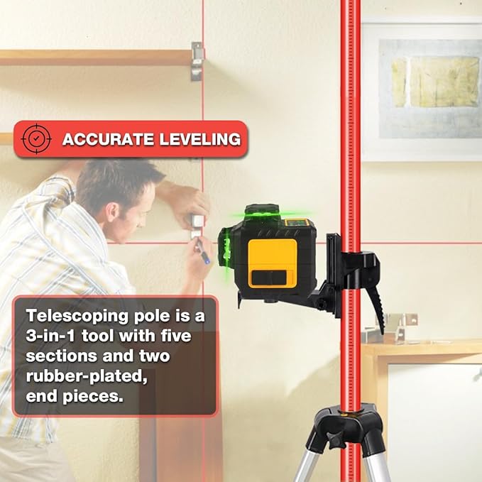 MOETER 12 Ft./3.7M Telescoping Laser Level Pole, Adjustable Laser Pole with Tripod, 1/4"-20 and 5/8"-11 Threaded Adapter of Rotary and Line Lasers