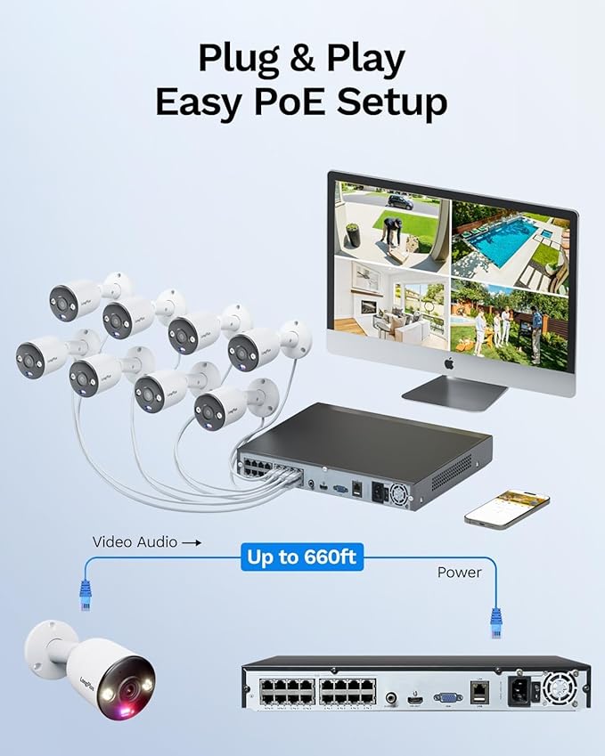 LongPlus 4K Home Security Camera System, 12MP H.265+ 16CH NVR with 4TB HDD for 24-7 Recordings, 8pcs Wired PoE Security Camera System, Person Vehicle Pet Detection, CCTV for Businesses Home, LP8MEF8B1