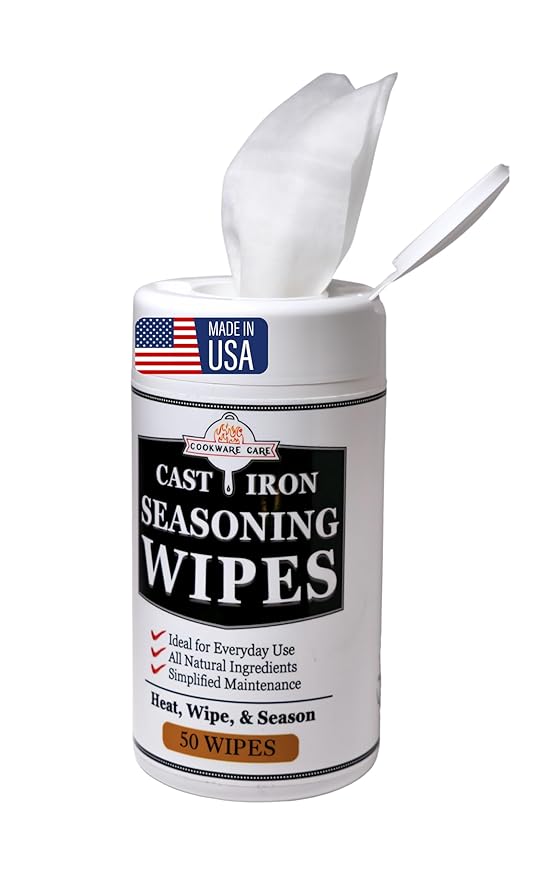 Cookware Care Cast Iron Seasoning Oil Wipes, 50 Count, Made in USA with Grapeseed Oil for Cast Iron Skillet, Blackstone Griddle - Ideal Blackstone Accessories Gift for Men/Dad