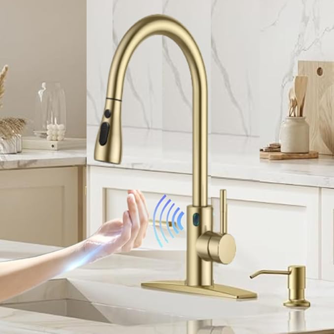 Touch-Less Kitchen Faucet, 3 Modes Pull Down Sprayer, LED Temperature Control,Sensor Activated,Ceramic Valve, 360-Degree Rotation, 1 or 3 Hole Deck Plate. 10-Year Warranty. (KW-78J, Gold)