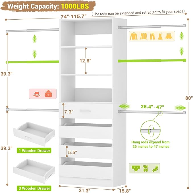 Aheaplus 4-9Ft Closet System, Closet Organizer with 4 Wooden Drawers, Wood Closet Organizer System with Tower, Walk-in Closet Organizer Wardrobe and Storage with 4 Hanging Rods, 11White