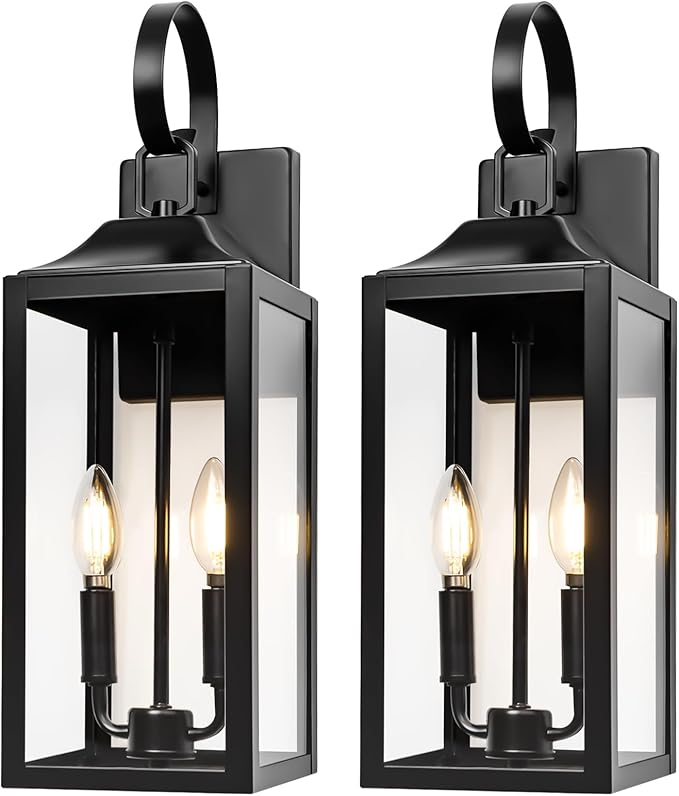 19" Large Outdoor Wall Light - Black Outside Wall Mounted Light Fixture, Exterior Farmhouse Wall Sconce Lantern 2-Light, Modern Porch Lighting Exterior Lamp for House, 2 Pack