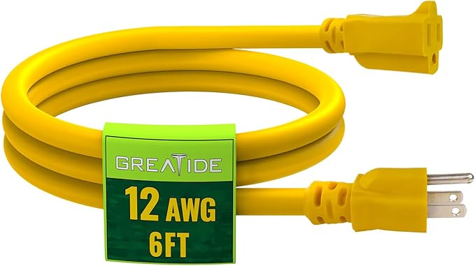 6 Ft Outdoor Extension Cord - 12/3 SJTW Heavy Duty Yellow Extension Cable with 3 Prong Grounded Plug - Power Cord for Lawn, Garden, Appliances