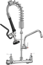 Commercial Wall Mount Kitchen Sink Faucet with Sprayer - 21" Height 8 inch Center, Add-on 8" Swing Spout Pre-Rinse Sprayer for 1 or 2 Compartment Sink