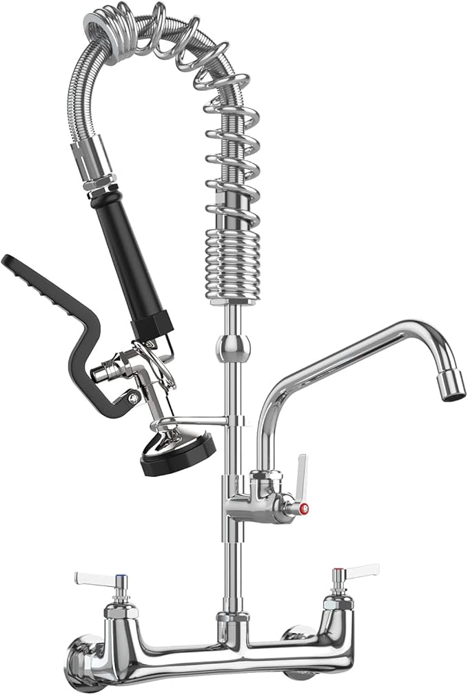 Commercial Wall Mount Kitchen Sink Faucet with Sprayer - 21" Height 8 inch Center, Add-on 8" Swing Spout Pre-Rinse Sprayer for 1 or 2 Compartment Sink