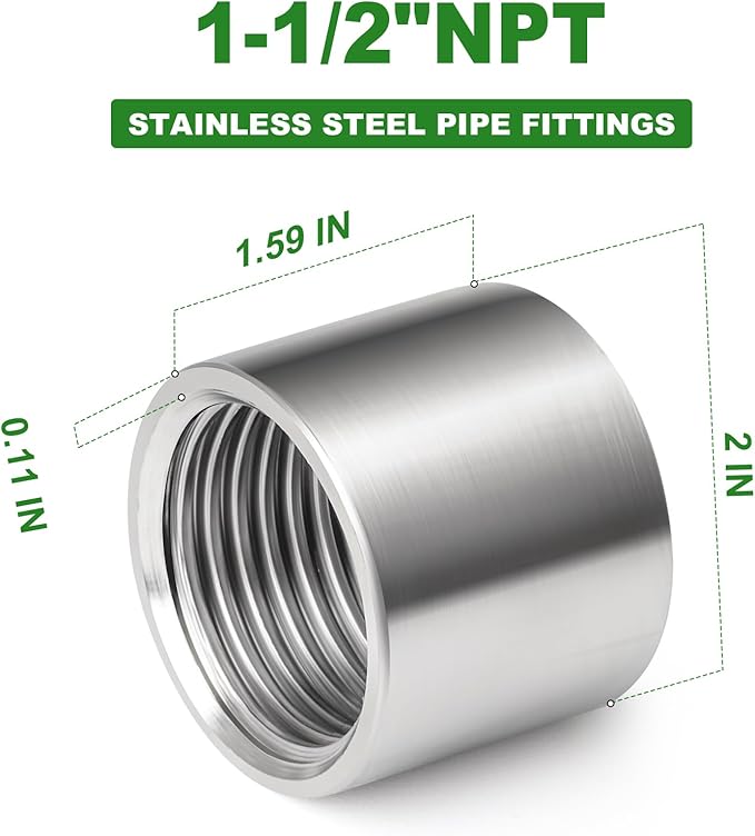 TAISHER 2PCS 304 Stainless Steel Cast Pipe Fitting, Coupling, 1-1/2" x 1-1/2" NPT Female Threaded