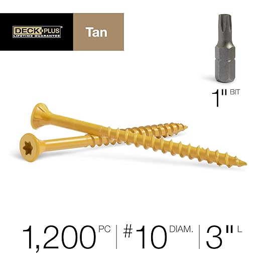 Deck Plus 3 Inch Epoxy Coated Exterior Wood and Fence Screws #10 x 3 Torx/Star Drive Included Coarse Thread, Outdoor Rust Resistant Decking Screw, Tan, 25lb Box, 1500 Pieces | 48717