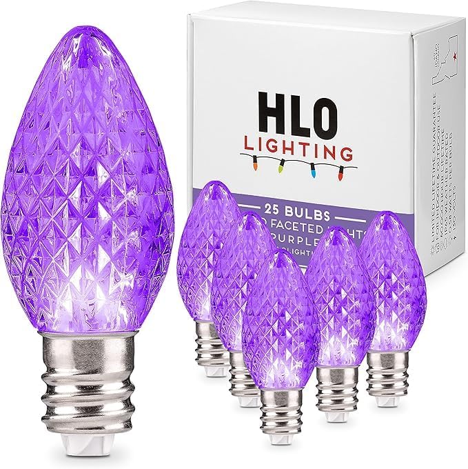 Holiday Lighting Outlet Faceted C7 Christmas Lights | Purple LED Light Bulbs Holiday Decoration | Warm Christmas Decor for Indoor & Outdoor Use | 2 SMD LEDs in Each Light Bulb | Set of 25