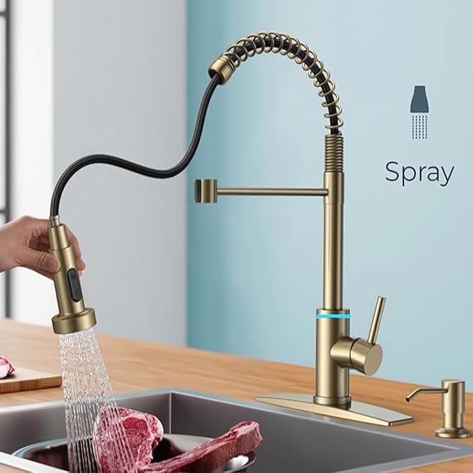 Smart Kitchen Faucet, 3 Modes Pull Down Sprayer, Touch On Sensor Activated, LED Temperature Control, 360-Degree Rotation, 1 or 3 Hole Deck Plate. 10-Year Warranty. (KW-66J, Brushed Gold)