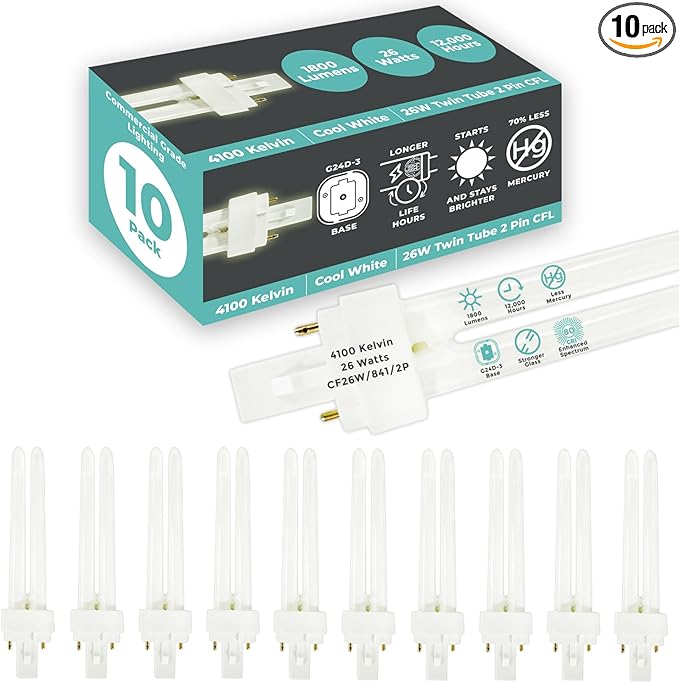 GoodBulb 26 Watt CFL Light Bulbs 2 Pin G24D-3 Base 4100K Cool White 26W High Output 1800 Lumens Double Tube Compact Fluorescent Light Bulbs Plug-in 10 Pack