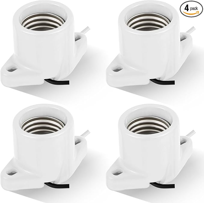 4 Pcs E26 Light Socket Porcelain Lamp Holder Socket Medium Keyless Threaded Base with Two Hole Flange Mounting and 6" Wire Indoor Garage Closet Lighting