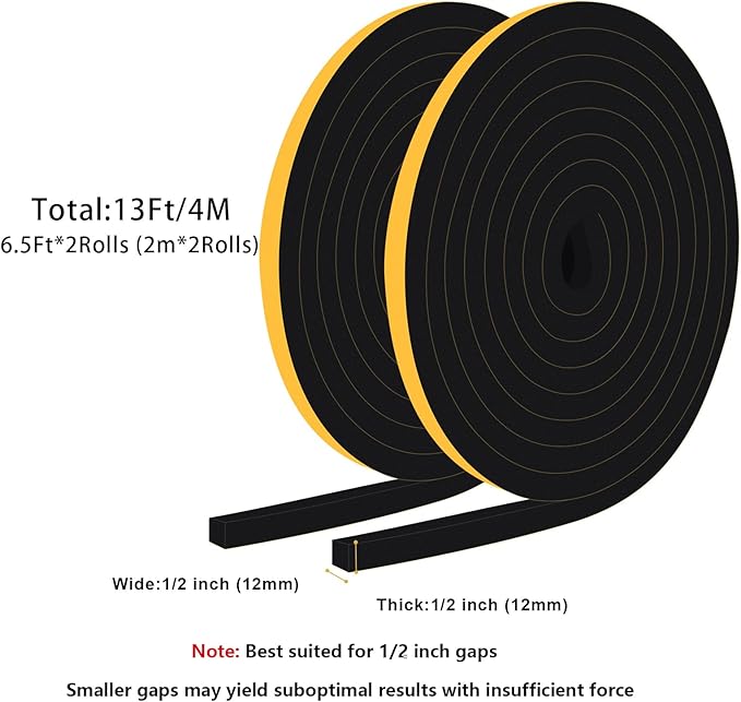 Window Insulation Weather Stripping, High Density Insulation Tape for Door, Soundproof Weatherproof Door Weather Stripping, Adhesive Foam Gasket Tape, Anti-Vibration(1/2 in x 1/2 in x 13Ft)