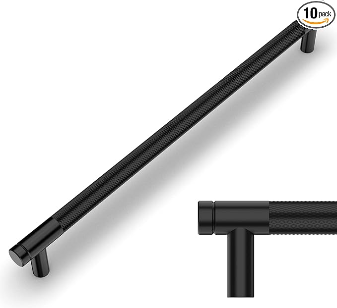 Amerdeco 10 Pack Matte Black Knurled Cabinet Pulls 10 Inch Center to Center Kitchen Cabinet Handles for Drawer Dresser, Cupboard and Wardrobe ZH0031