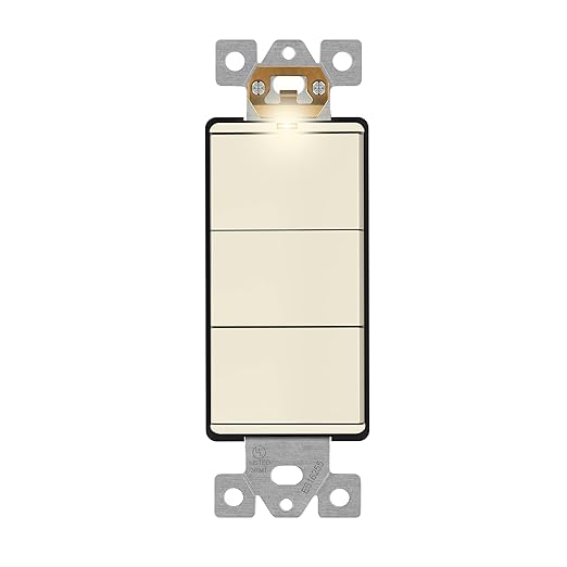 LIDER Minimalist Design Matte Finish Lighted Triple Switch, Combination Frameless Decorator Switch with Locator Light, Ground Terminal, Single Pole, 15A 120-277V, UL Listed, LCS3-1P-LA, Light Almond