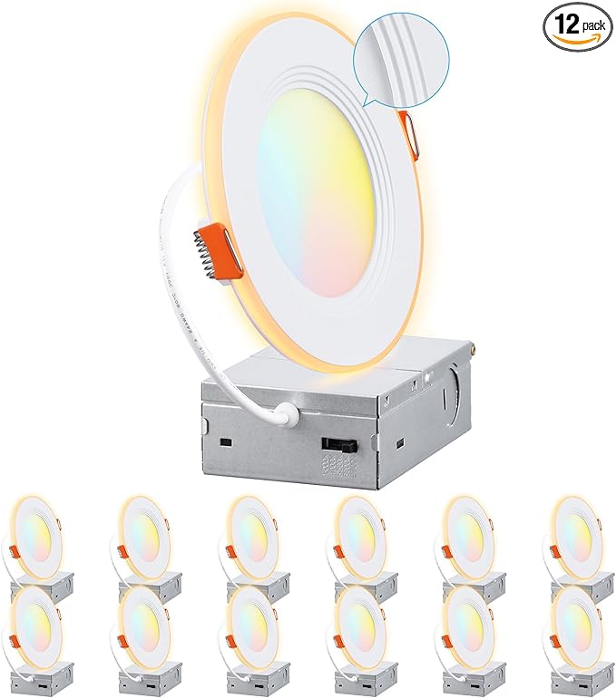 TORCHSTAR 12-Pack 4 Inch 5CCT LED Recessed Lighting with Night Light, Anti-Glare Baffle Trim, 2700K3000K3500K4000K5000K, High CRI90, 9W Dimmable Ultra-Thin Canless Wafer Downlight, ETL