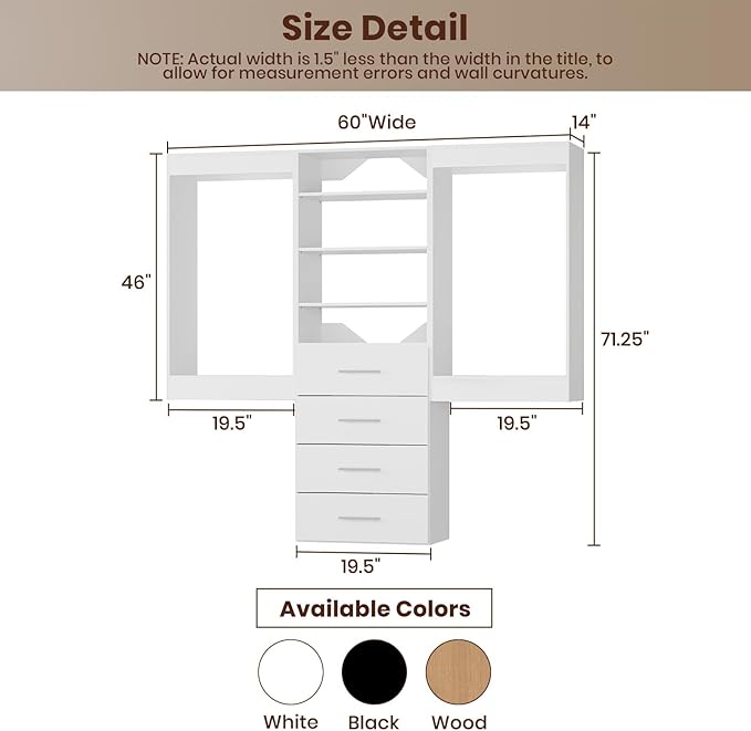 ROOMTEC Modular Closet System, 60" Wall-Mounted Closet Organizer with Drawers and Hanging Rods, Wooden Tower for Walk-In Closets, Wardrobe Storage Kit, White
