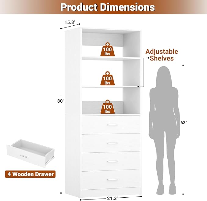 Aheaplus Closet Drawers Organizer System, 21.3" Wood Closet System with 4 Drawers, Modular Walk-in Closets Storage Unit, Tall Bookshelf Storage Cabinet, White22