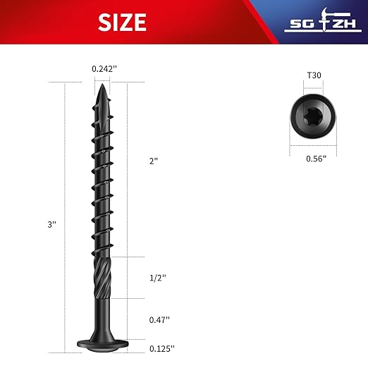 #14 x 3 Inch Lag Screws (39Pcs) 1lb. Structural Wood Screw, Black, Carbon Steel, Washer Head, Rust Resistant epoxy Coated, T30 Star Bit
