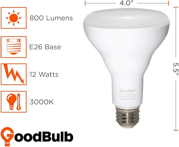 GoodBulb LED BR30 Light Bulbs | 12 Watt (60 Watt Equivalent) | E26 Base | Warm White 3000K | EcoSmart Lights | High Output 800 Lumens | Pack of 6 Bulbs