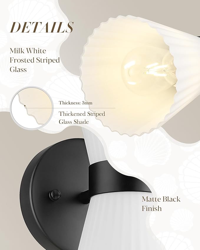 Modern Black Wall Sconce, HWH Up and Down Indoor Sconces Wall Lighting with Frosted Milk White Striped Glass Shade, Hardwired Wall Mounted Vanity Lamp for Bathroom, 5HZG97B-2W BK
