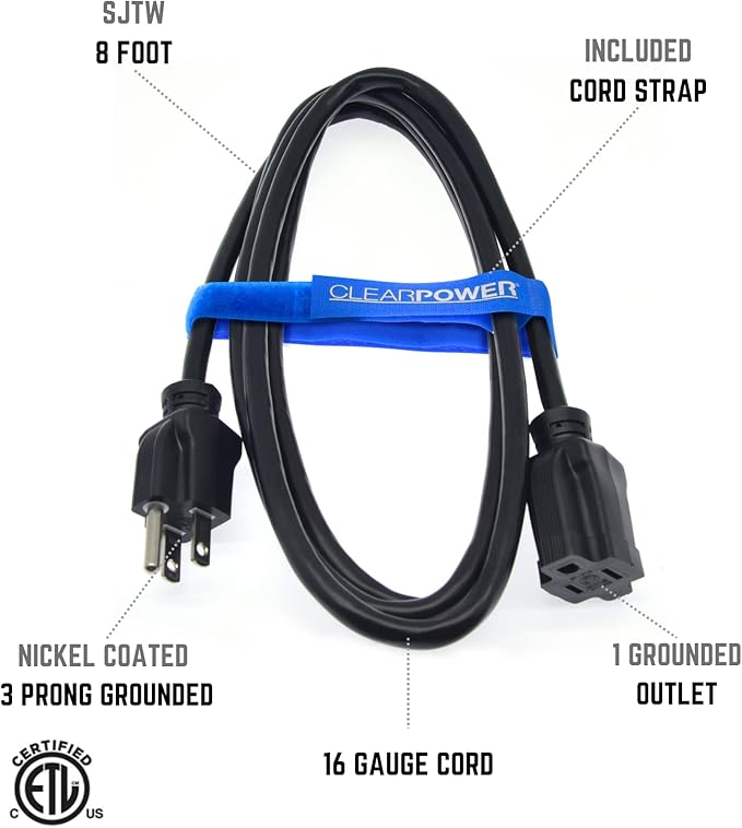 Clear Power 8 ft Indoor/Outdoor Extension Cord 16/3 SJTW, Black, Water & Weather Resistant, Flame Retardant, 3 Prong Grounded Plug, CP10122