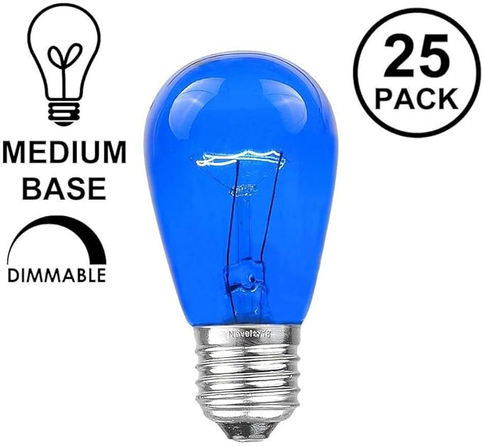 Novelty Lights 25 Pack S14 Outdoor Patio Edison Replacement Bulbs, E27 Medium Base, Blue, 11 Watt