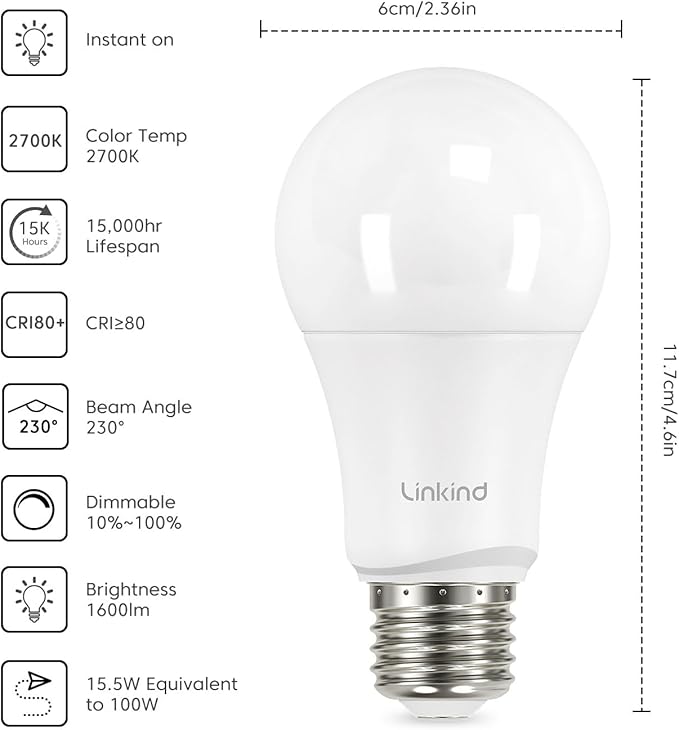 Linkind A19 LED Light Bulbs Dimmable, 100W Equivalent, 2700K Soft White, 15.5W 1600 Lumens 120V Bulbs, E26 Standard Base, UL Listed, Lighting for Bedroom Living Room Home Office,6 Packs