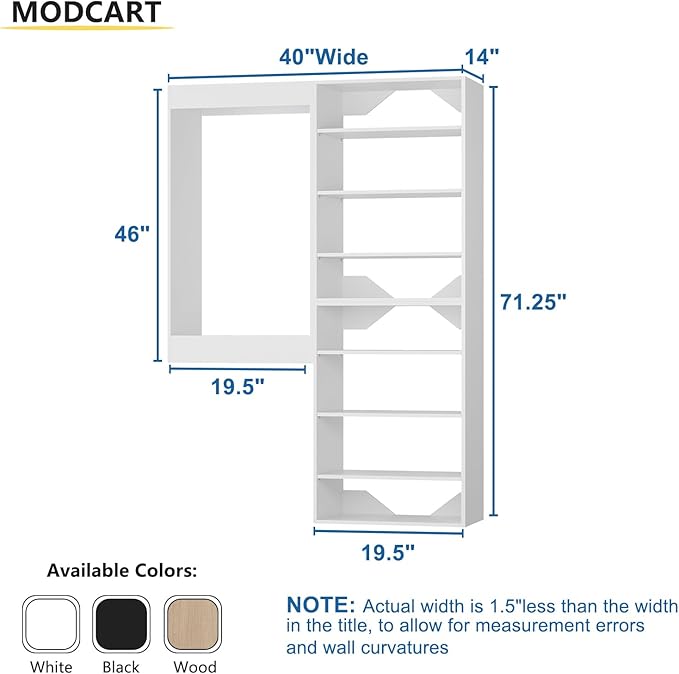 Modular Closet System, 40" Wide Closet Organizer System with Towers and Hanging, Wood Closet Tower Storage for Walk In Closets, Wall Mounted Wardrobe Organizer Kit System, Bedroom, White