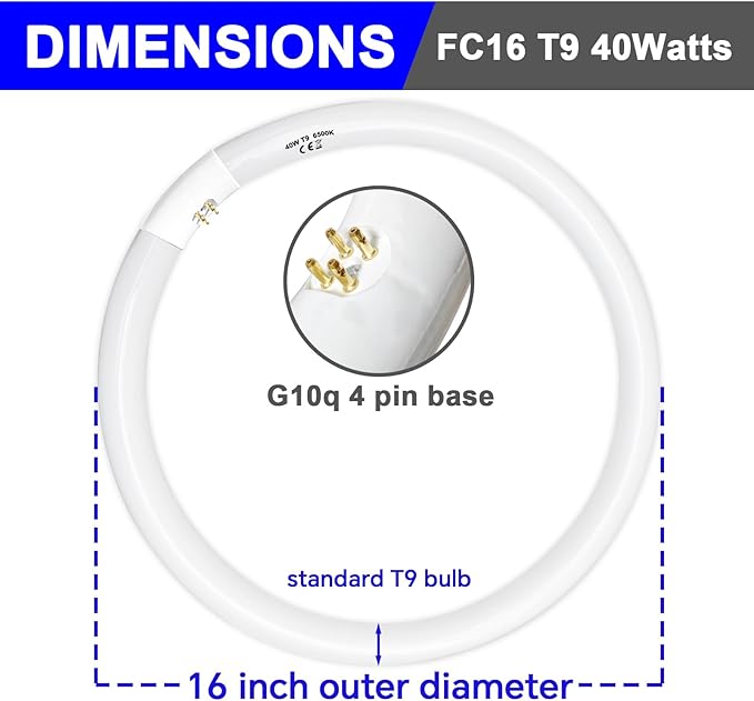 FC16T9 40 Watt and FC12T9 32W Set 6500K, 16 inch T9 40W Circline Light Bulbs, 12 inch 32W Circular Fluorescent Round Bulb CRI 80, DL 4700 Lumen G10q