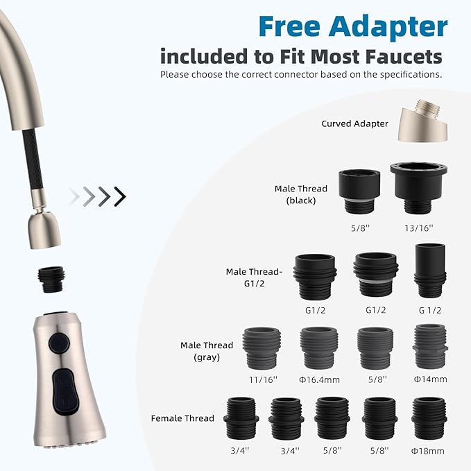 Hibbent Pull Down Kitchen Faucet Head Replacement, 3-Function NSF/ANSI/CAN 61 & CUPC Certified Sink Spray Nozzle, 15 Adapters, Compatible with Moen, Delta, Kohler Faucets, Brushed Nickel