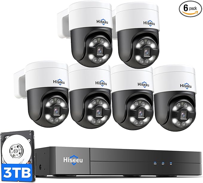 [300°Pan 90°Tilt+Human Tracking] Hiseeu 4K PoE PTZ Camera System,NVR Security Camera System w/6Pcs 5MP Wired Security Camera Outdoor&Indoor,2-Way Audio,Waterproof,7/24 Record for Home Surveillance