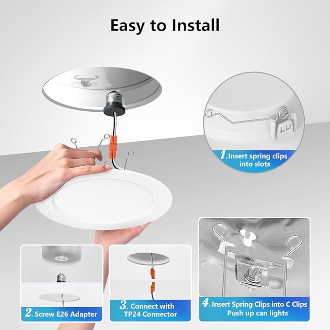 LVWIT LED Recessed Light 6inch, 5CCT Can Lighting with White Cover, Color Selectable Dimmable Downlight with E26 Conversion Kit, 2 Pack