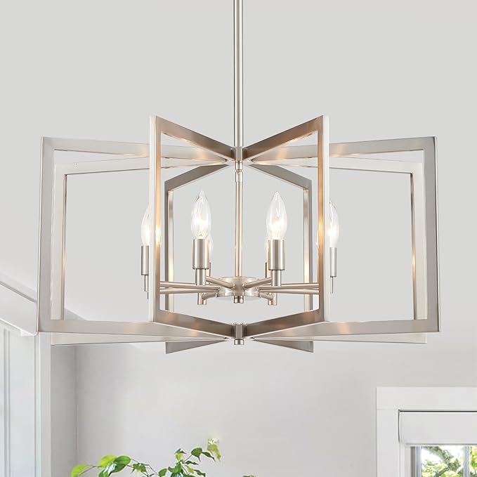 Brushed Nickel Chandelier 8-Light, 26" Large Dining Room Light Fixture Geometric Metal Modern Pendant Hanging Ceiling Lamp for Kitchen Island Living Room Entryway
