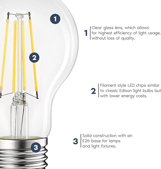 LUXRITE Vintage A19 LED Light Bulbs 60W Equivalent, 5000K Bright White Dimmable, 800 Lumens, Standard LED Edison Bulb 8W, UL Listed, E26 Base (6 Pack)