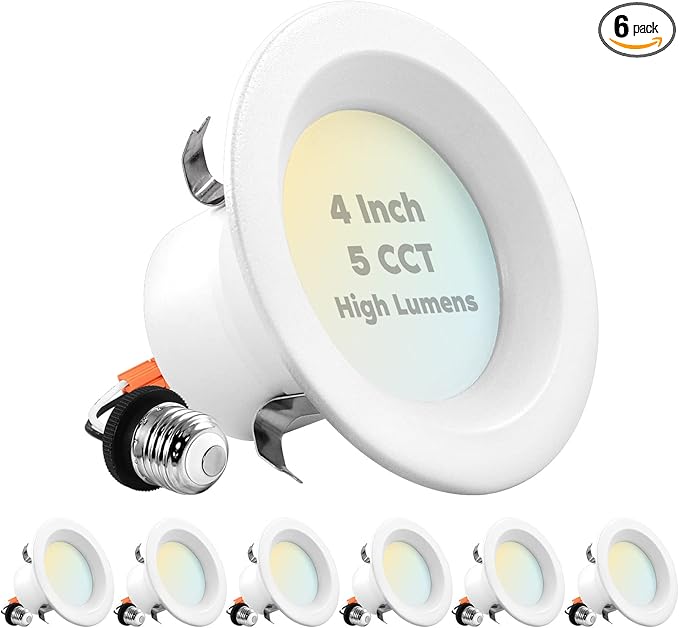 LUXRITE 4 Inch LED Recessed Can Lights, 14W=75W, 5 Color Options 2700K-5000K, 950 Lumens, Dimmable LED Retrofit Kit, Wet Rated, IC Rated, Recessed Ceiling Lights, Energy Star, ETL Listed (6 Pack)