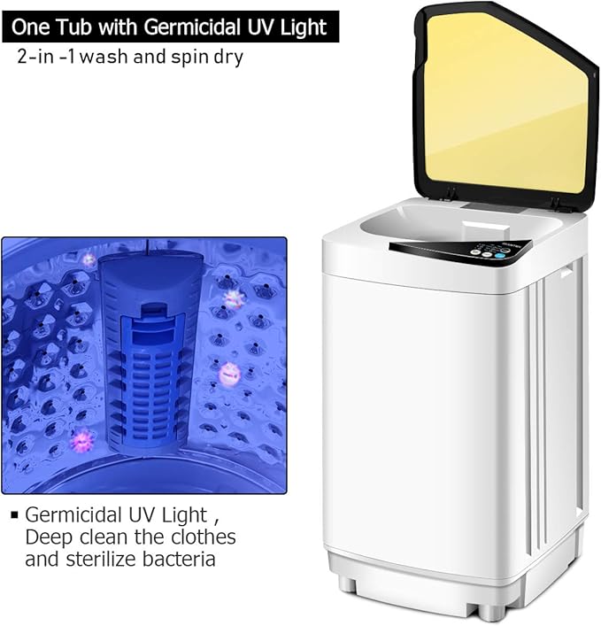 Waterjoy Portable Washing Machines, 7.7 lbs Load Capacity Portable Washer and Dryer Combo with Built-in Barrel Light & LED Display for Household and Apartment （Yellow）