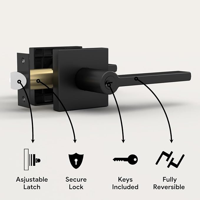 Mega Handles - Prime Entrance Handle, Entry Lever Door Handle, Heavy Duty Square Locking Lever Set for Left or Right-Handed Doors, Interior/Exterior Door Levers - Matte Black