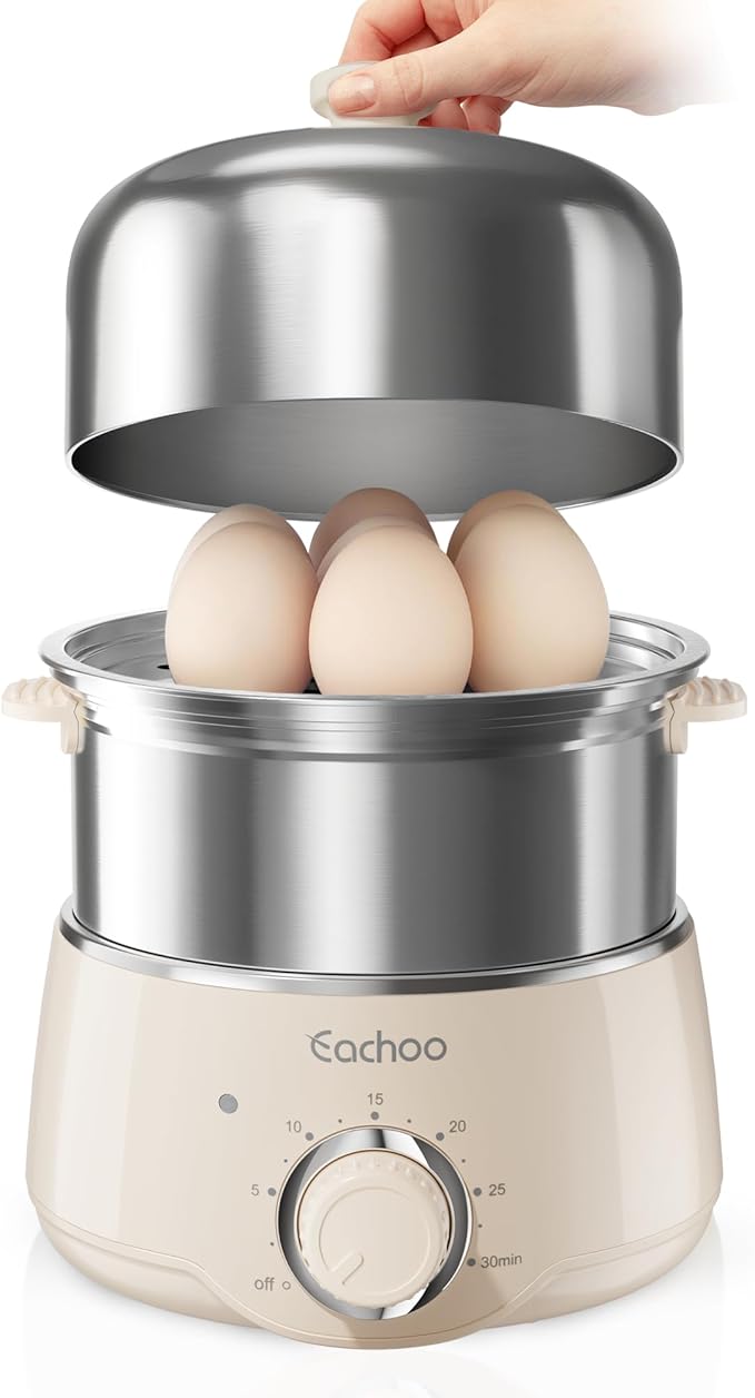Hard Boiled Egg Cooker - CACHOO 14-Egg Rapid Stainless Steel Egg Boiler with 30-Min Timer & Auto Shut Off, Compact Electric Vegetable Steamer for Cooking, Dishwasher Safe, Beige