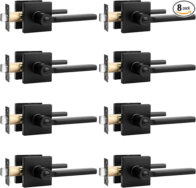 Probrico Privacy Black Door Handle Interior Lockset Heavy Duty Square Door Lever for Bedroom or Bathroom Reversible Keyless Slim Handleset Door Knob 8 Pack