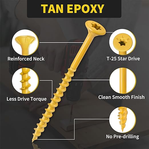 Wood Screws 3 Inch, FIXLINK Deck Screws #10 x 3, 105 PCS, Epoxy Coated, T25 Star Bit Above 1500 Hour Salt Spray Coating Outdoor Decking Screws Excellent Rust Resistant for Outdoor Wood Fence