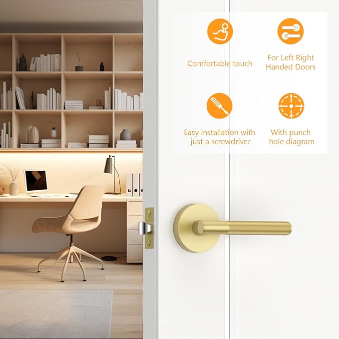 Amerdeco 5 Pack Brushed Gold Passage Knurled Door Handles, Heavy Duty Non-Locking Door Lever for Hall, Closet, Office Area, Shopping Malls AM0016