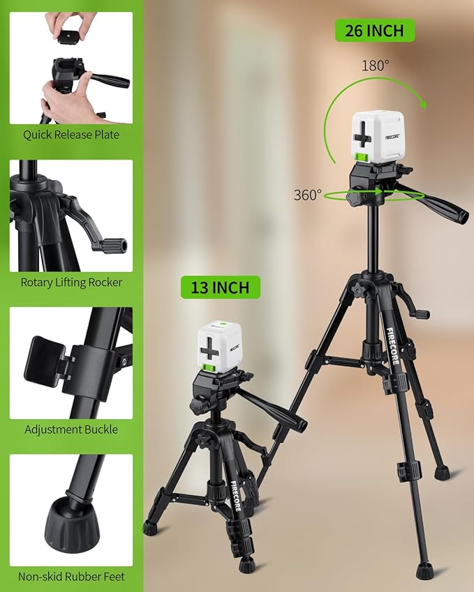 Firecore Laser Level with Tripod, Self Leveling Laser Level Green Cross Line Laser Leveler Tool for Picture Hanging Wall Tile Home Renovation Indoor Projects, Carry Pouch and Battery Included