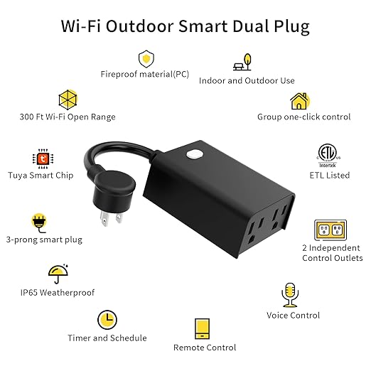 Minoston Outdoor Smart Plug, Wi-Fi Plugs Outlet with 2 Individual Control Sockets, Weather-Resistance, Work with Alexa, Google Assistant, 125V, 2.4 GHz Wireless Frequency, No Hub Required (MP24W)