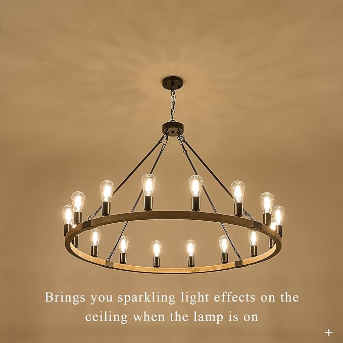 16-Light Wood Wagon Wheel Chandelier Farmhouse Natural, 43.3'' Black Metal Pendant Chandeliers Wooden Rustic Light Fixtures for High Ceiling Living Dining Room Foyer Entryway