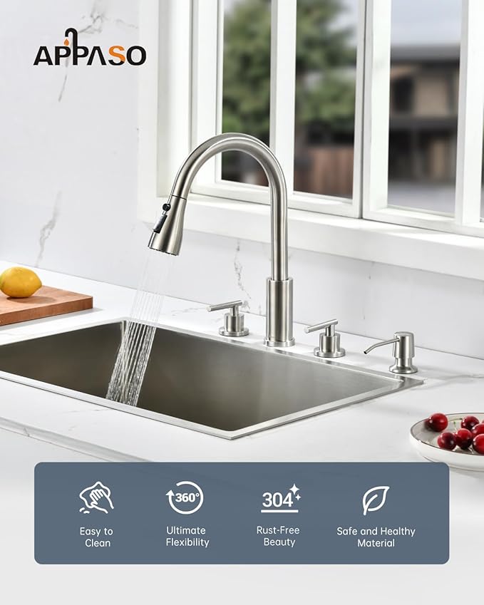 APPASO 2 Handle Kitchen Faucet, 3 Hole Kitchen Sink Faucet with Soap Dispenser, High Arc Brushed Nickel Stainless Steel 4 Hole Faucet for Kitchen Sink