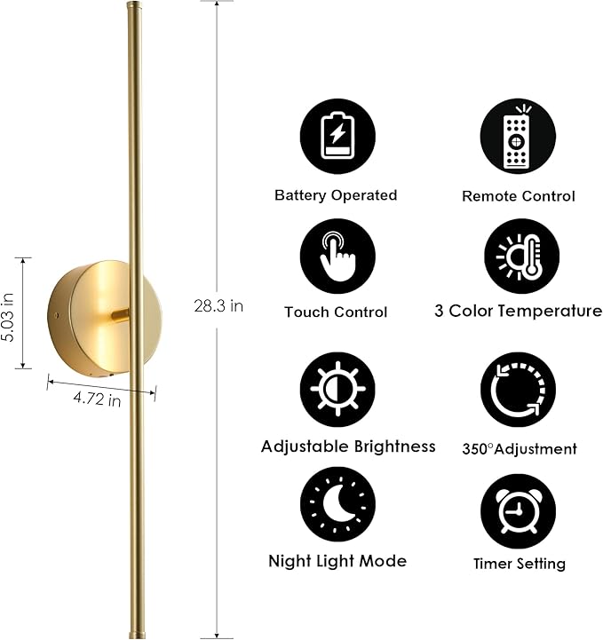 Removable Battery Operated Wall Sconces with Remote Control 350°Rotate LED Wireless Wall Lights with 3 Color Temperatures & Dimming for Bedroom, Hallway,28.3 Inch (2 Pack)